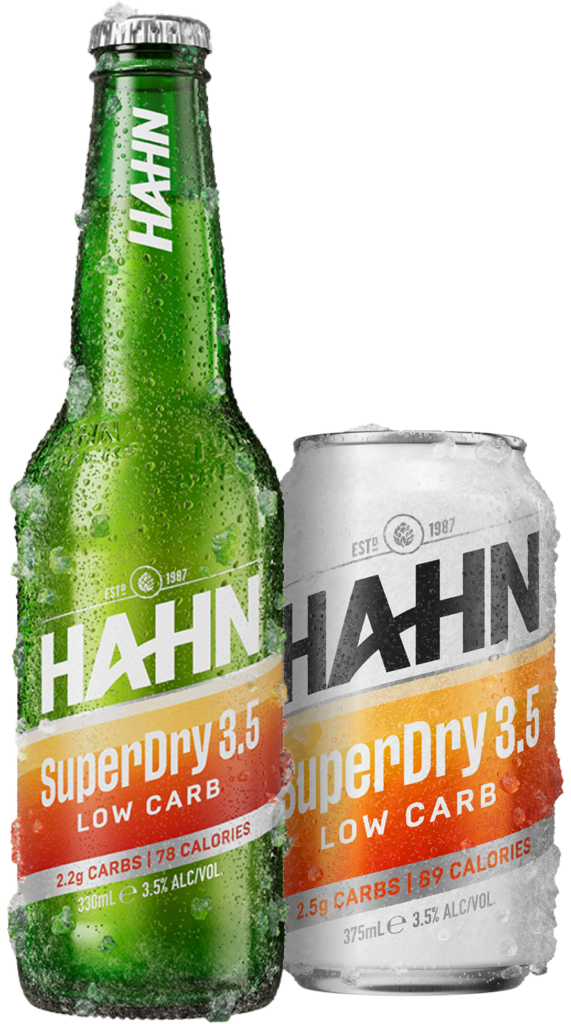 A frosty bottle and can of Hahn SuperDry 3.5 low carb beer sitting side by side