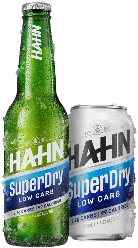 A frosty bottle and can of Hahn SuperDry low carb beer sitting side by side