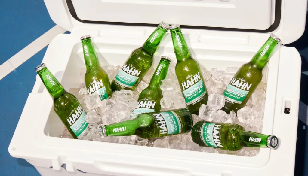 An esky full of ice and bottles of Hahn SuperDry GF Gluten Free beer