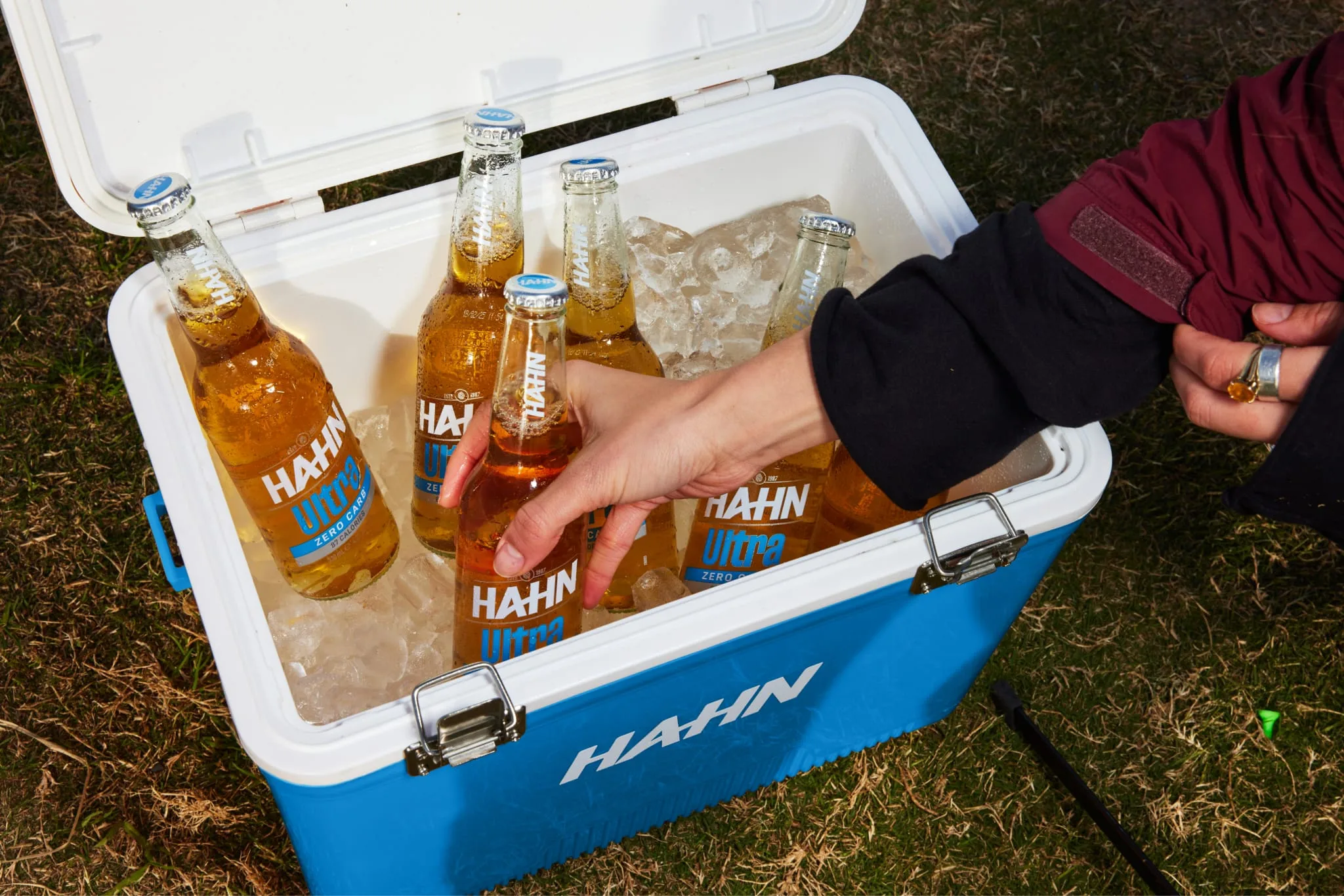 An esky of bottles of Hahn Ultra Zero Carb